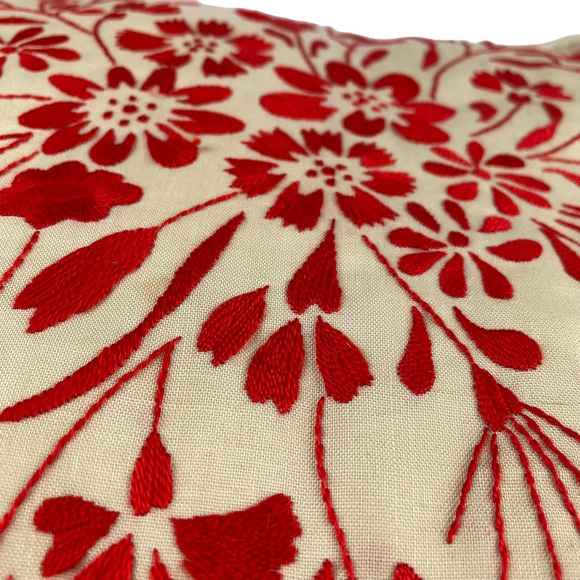 Vintage Floral Embroidered Square Accent Pillow Cream Red Small Couch Chair 14” - Picture 9 of 16